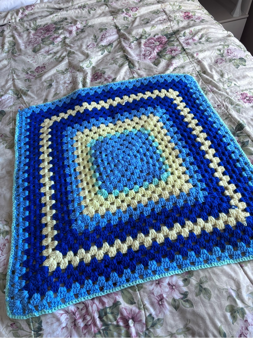 Handmade Blue and Cream/Yellow Crochet Granny Square Throw - Baby Blanket 27x27
